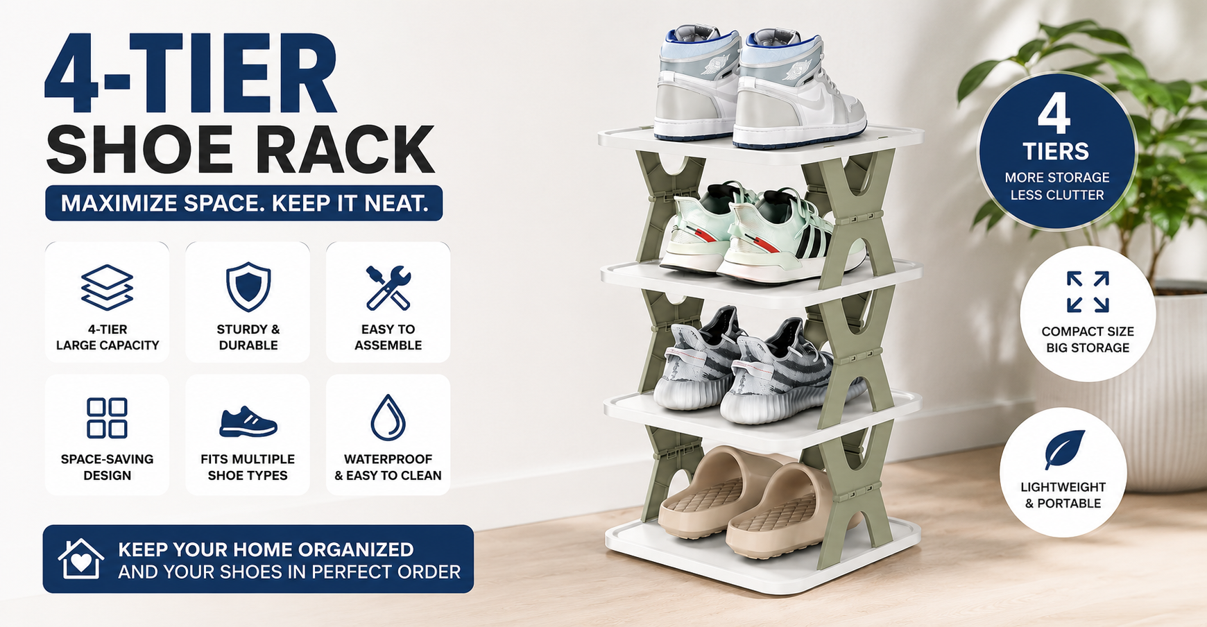 4-tier shoe rack with features listed on a white background